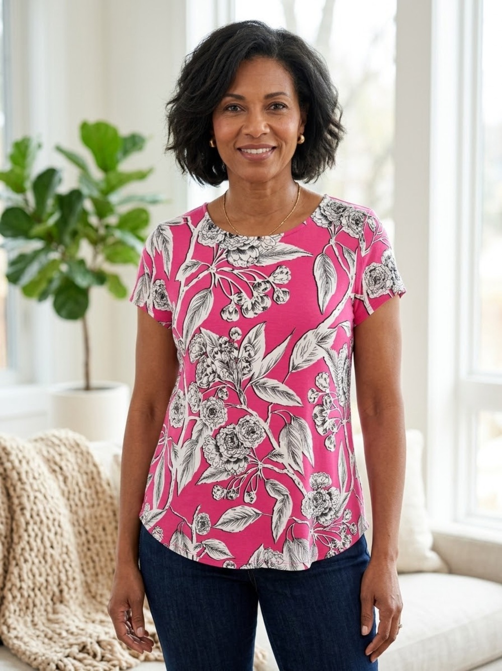 Alfani Size L Multicolor Pink Floral Short Sleeve Rounded Hem Blouse Top